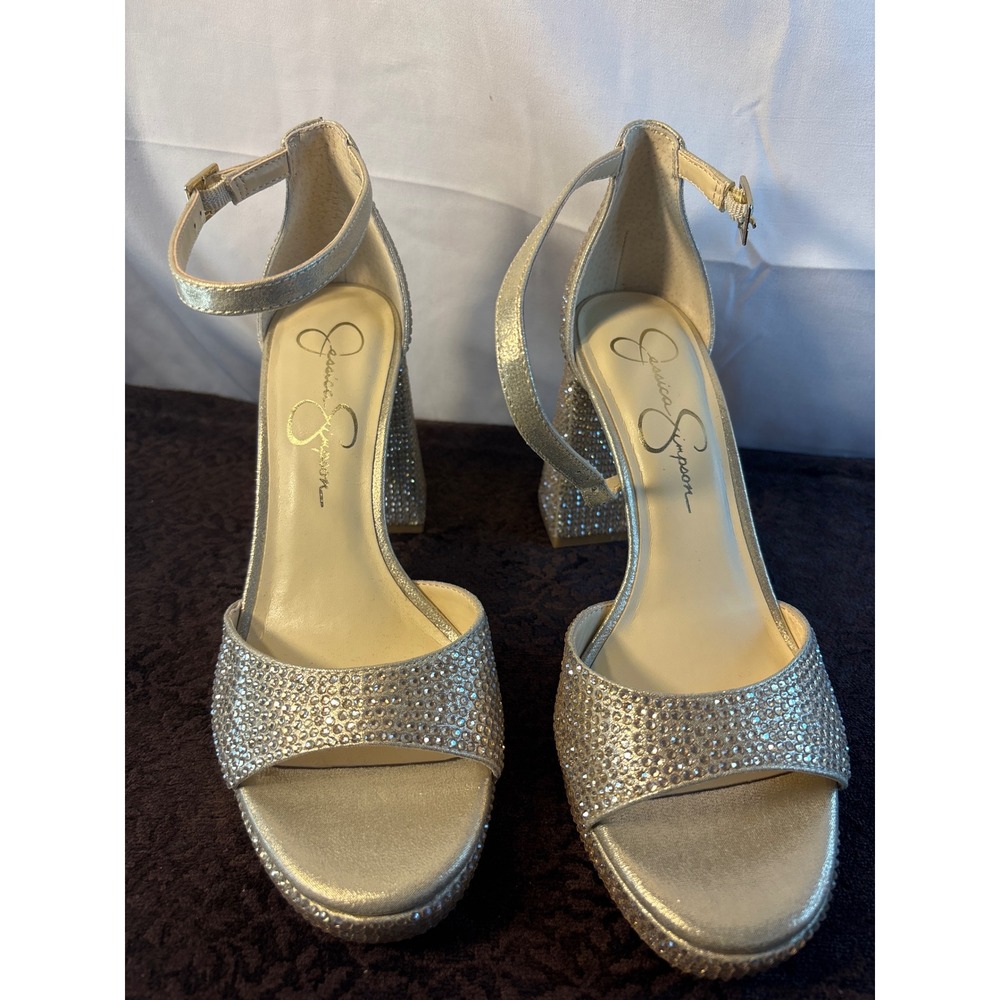 Jessica Simpson Gold Rhinestone Platform Block Heel Sandals Womens 8.5M